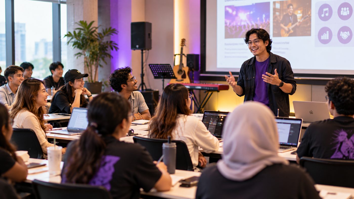 A trainer leads a lively music business class for young creatives with laptops, a guitar and keyboard at the front