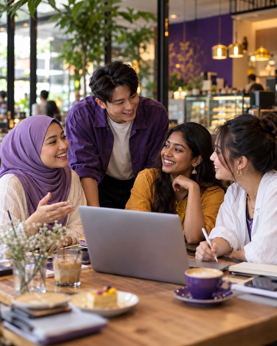Young Malaysian creatives planning a gig together around a laptop in a caf&eacute;