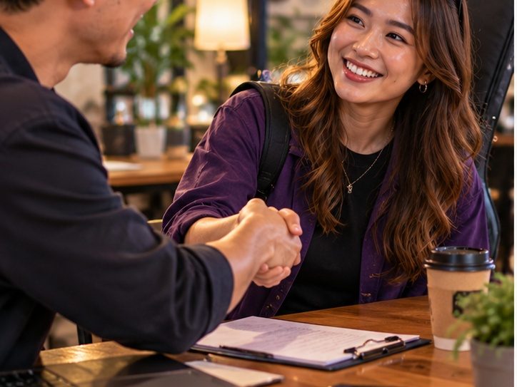 A client and a young musician shaking hands over a signed agreement in a caf&eacute;