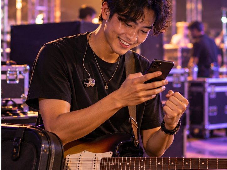 A guitarist backstage smiling at his phone after getting paid