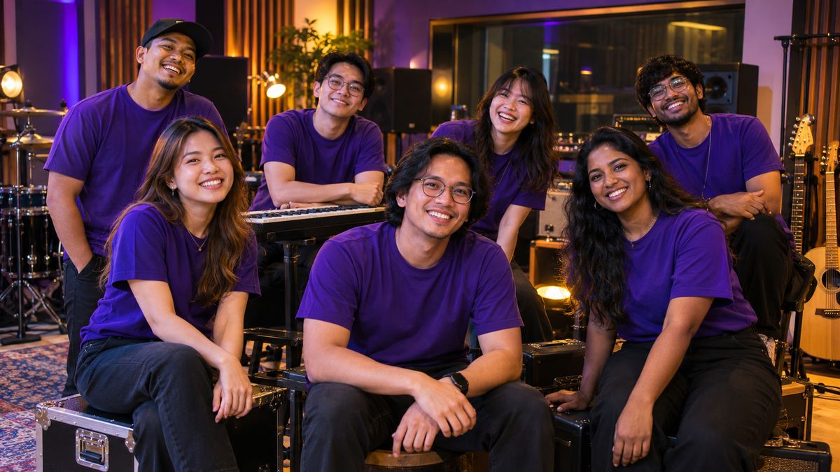 A group of young Malaysian musicians in violet t-shirts smiling in a recording studio